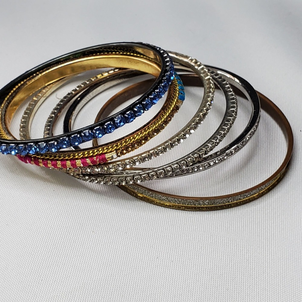 VTG 6 Multicolor Rhinestone Glitter & Metal Bangles Gold & Silver-Tone Mixed - Picture 2 of 7